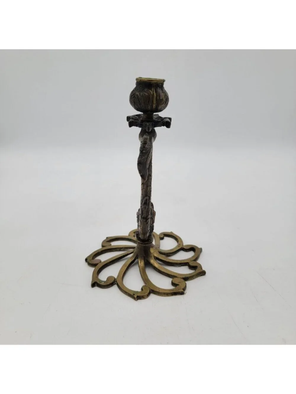 Vintage Pair of Brass Heraldic Dolphin Fish Sea Serpent Candlestick Holders